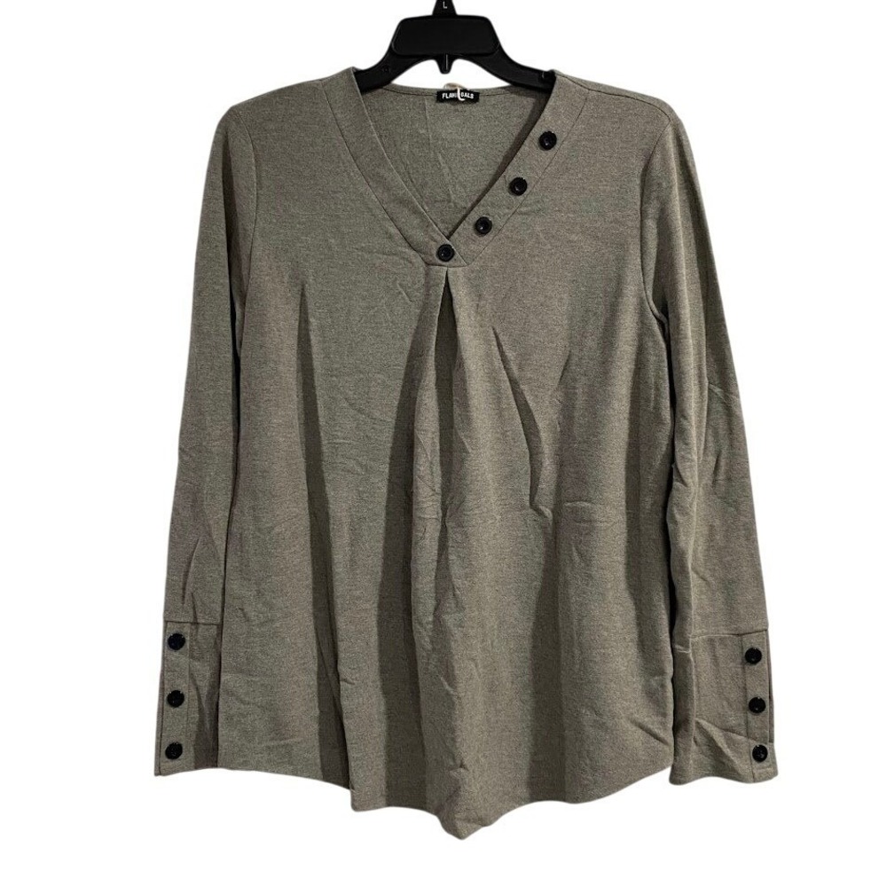 Flamingals Women Gray V Neck Long Sleeve Tunic Top with Button Detail Size 2XL